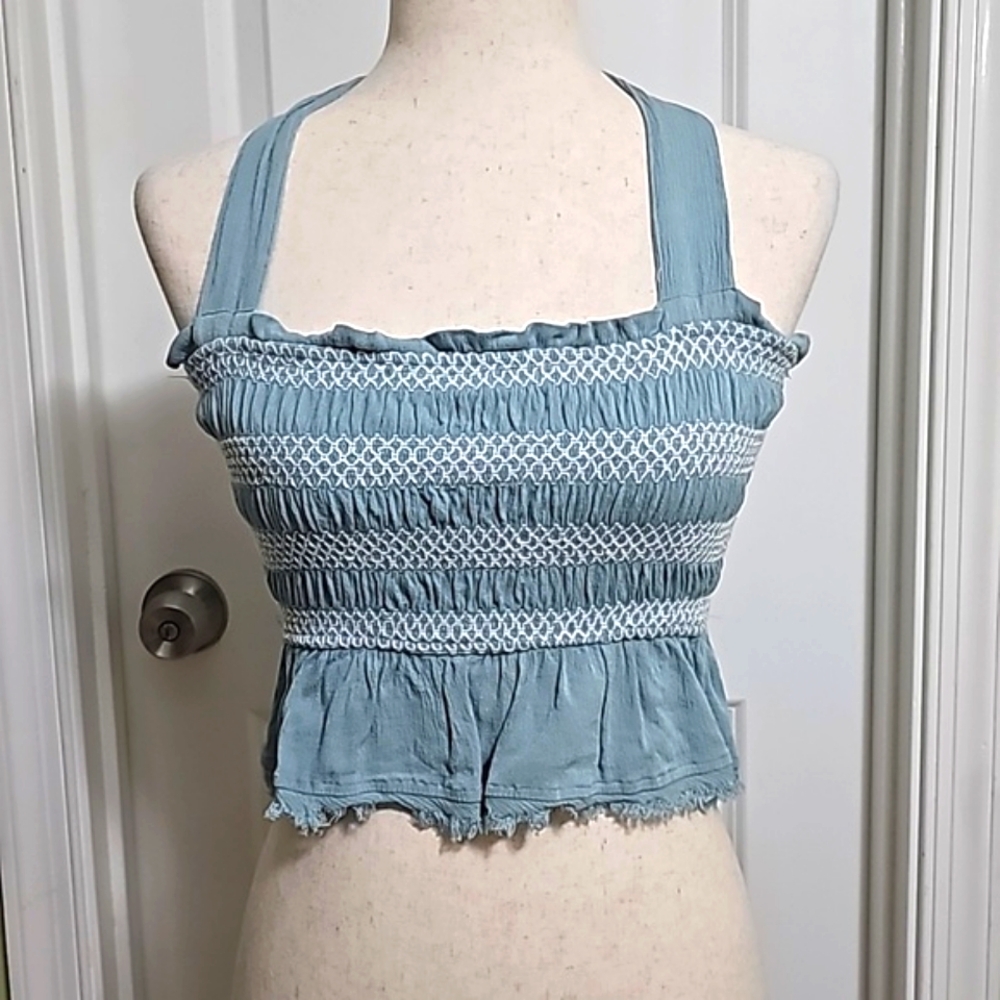 Bae Vely Boho Ruffled Smocked Crop Neck Tie Top Size M Summer Festival